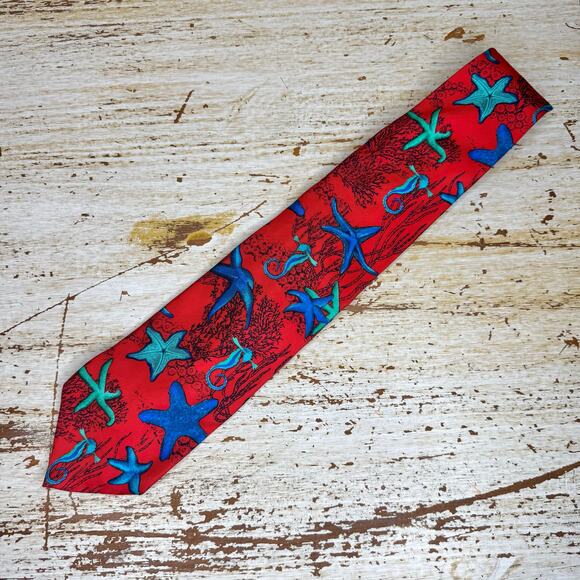 Yves Saint Laurent Red Beach Starfish Print Silk Neck Tie Standard Size - Picture 1 of 7